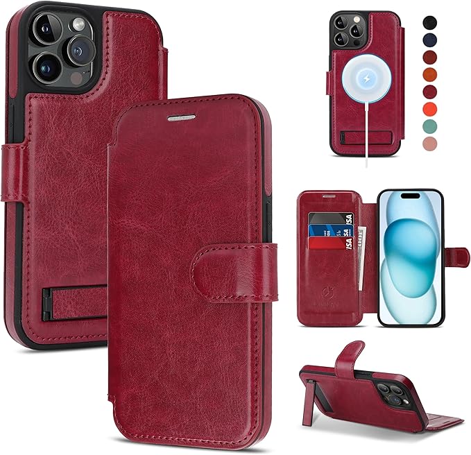 CIVICASE for iPhone 13 Pro Max Wallet Case with Stand,PU Leather Flip Credit Card Holder Slots (RFID Blocking),Compatible with Magsafe Magnetic Holder Phone Cover Women Men,Wine Red