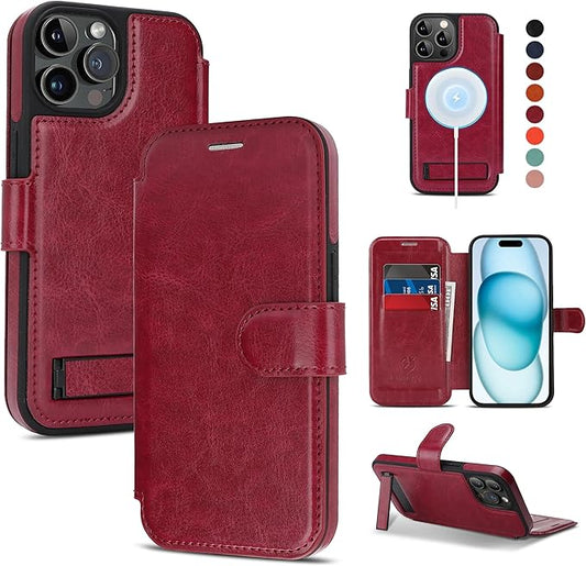CIVICASE for iPhone 13 Pro Max Wallet Case with Stand,PU Leather Flip Credit Card Holder Slots (RFID Blocking),Compatible with Magsafe Magnetic Holder Phone Cover Women Men,Wine Red