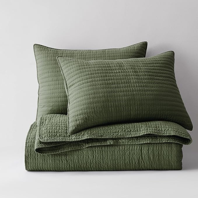 WDCOZY 100% Cotton Queen Size Quilt Set - Olive Green Striped Pick Stitch Soft Lightweight Bedspread, Textured Like Linen, Farmhouse Country Rustic Coverlet, Shabby Chic Gauze Bedding, 3 Pieces