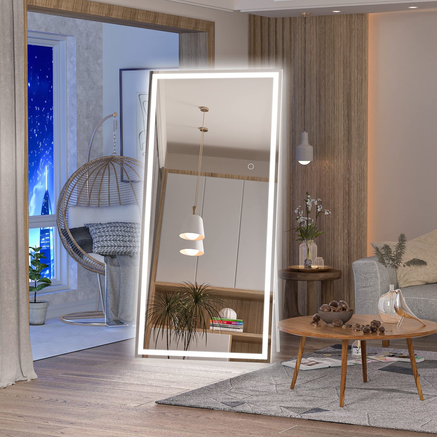 Hasipu Full Length Mirror with Lights, 71" x 32" LED Lighted Floor Standing, Full Body Dressing Hanging Mounted Mirror, Tempered Glass, Square White
