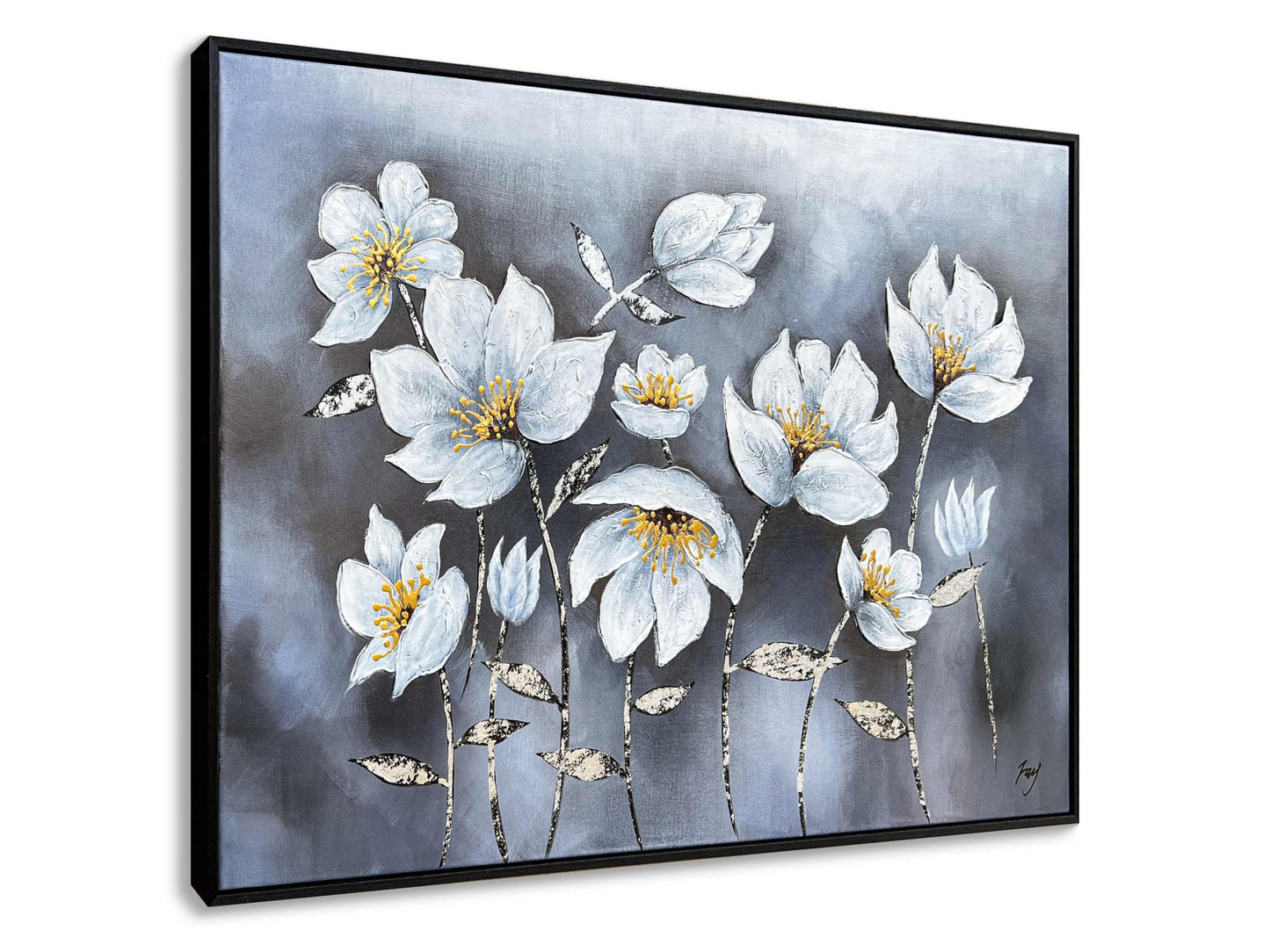 Eonzeun Hand Painted Textured White Floral Oil Painting, 24x36 Inch Wood Framed Canvas Wall Art, Modern Luxury Home Decor for Living Room Bedroom