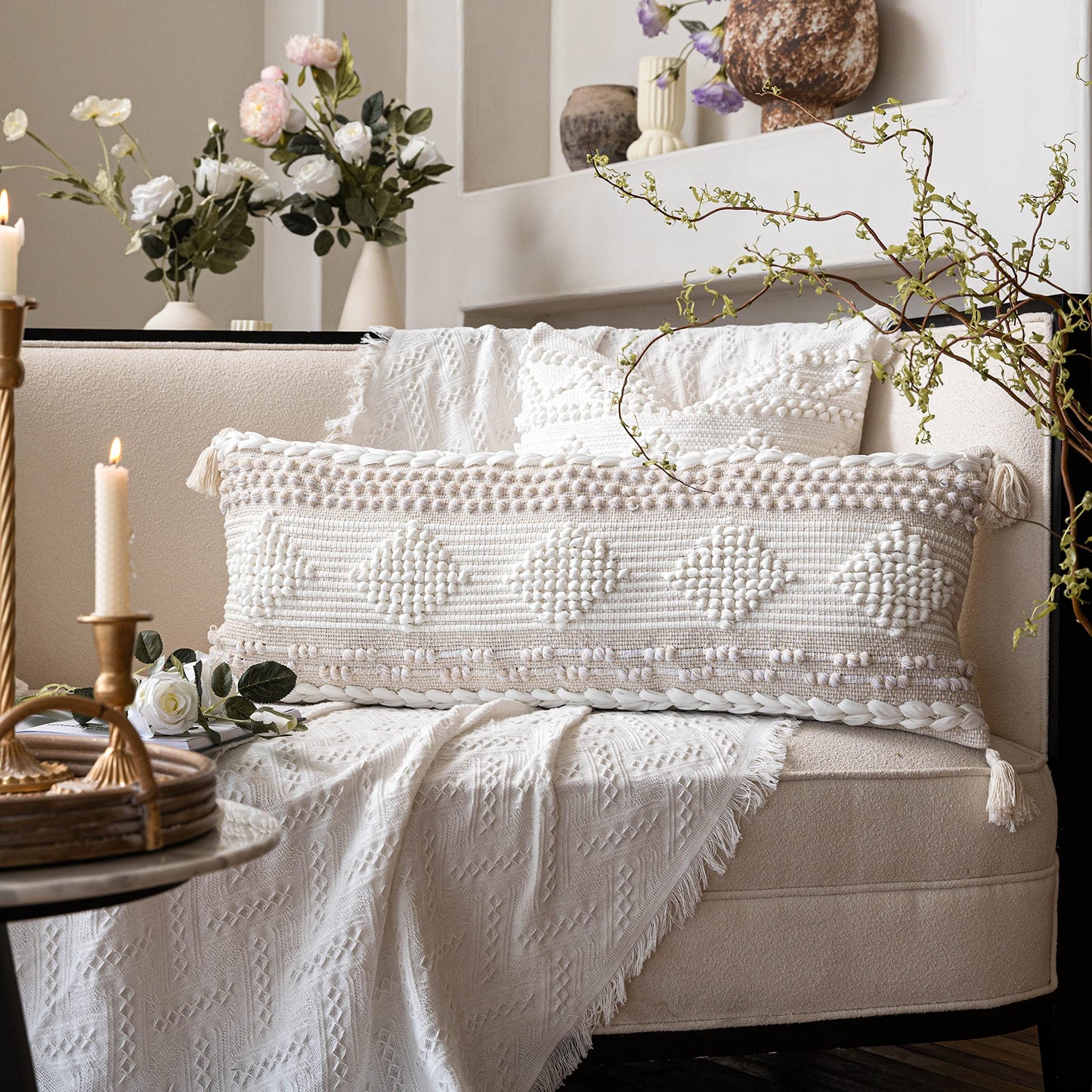 BlissBlush Cream Decorative Lumbar Throw Pillow Cover 14x36 Boho Long Cushion for Bed Neutral Beige White Accent Modern Farmhouse Pillowcase for Bedroom Living Room Couch Sofa Home Décor Cover ONLY