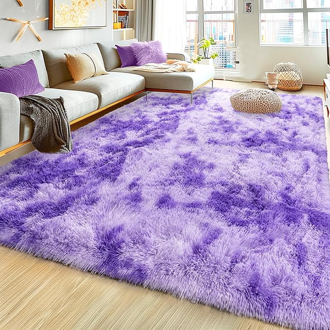 8x10 Large Area Rugs for Living Room, Ultra Fluffy Shag Rug for Bedroom, Modern Plush Soft Carpet for Girls Boys Kids Room Dorm Fuzzy Non Slip Rug for Home Decor Aesthetic, Tie-Dyed Purple