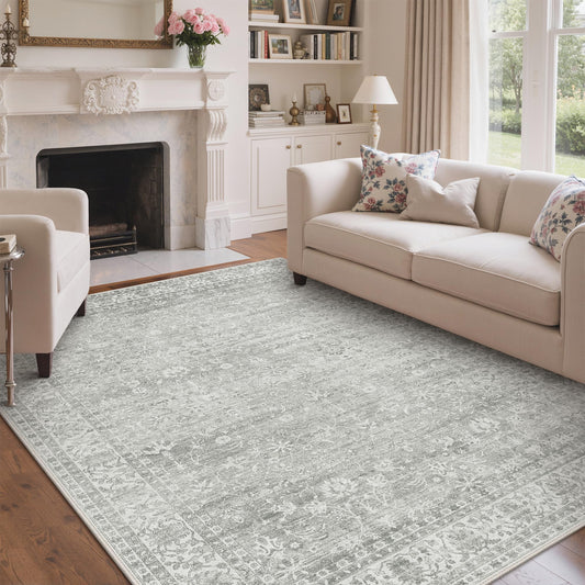BESBLEE 8x10 Area Rugs for Living Room, Machine Washable Non Slip Vintage Rugs, Low Pile Lightweigt Chenille Print Indoor Rug for Bedroom, Dining Room, Home Office, Grey