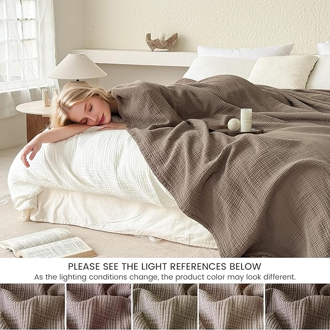FALUCA Cotton Muslin Reversible Blanket Twin Size for Bed, Couch, Four Layers Blanket, Soft Lightweight Cozy Breathable Farmhouse Decoration for All-Season, Brown