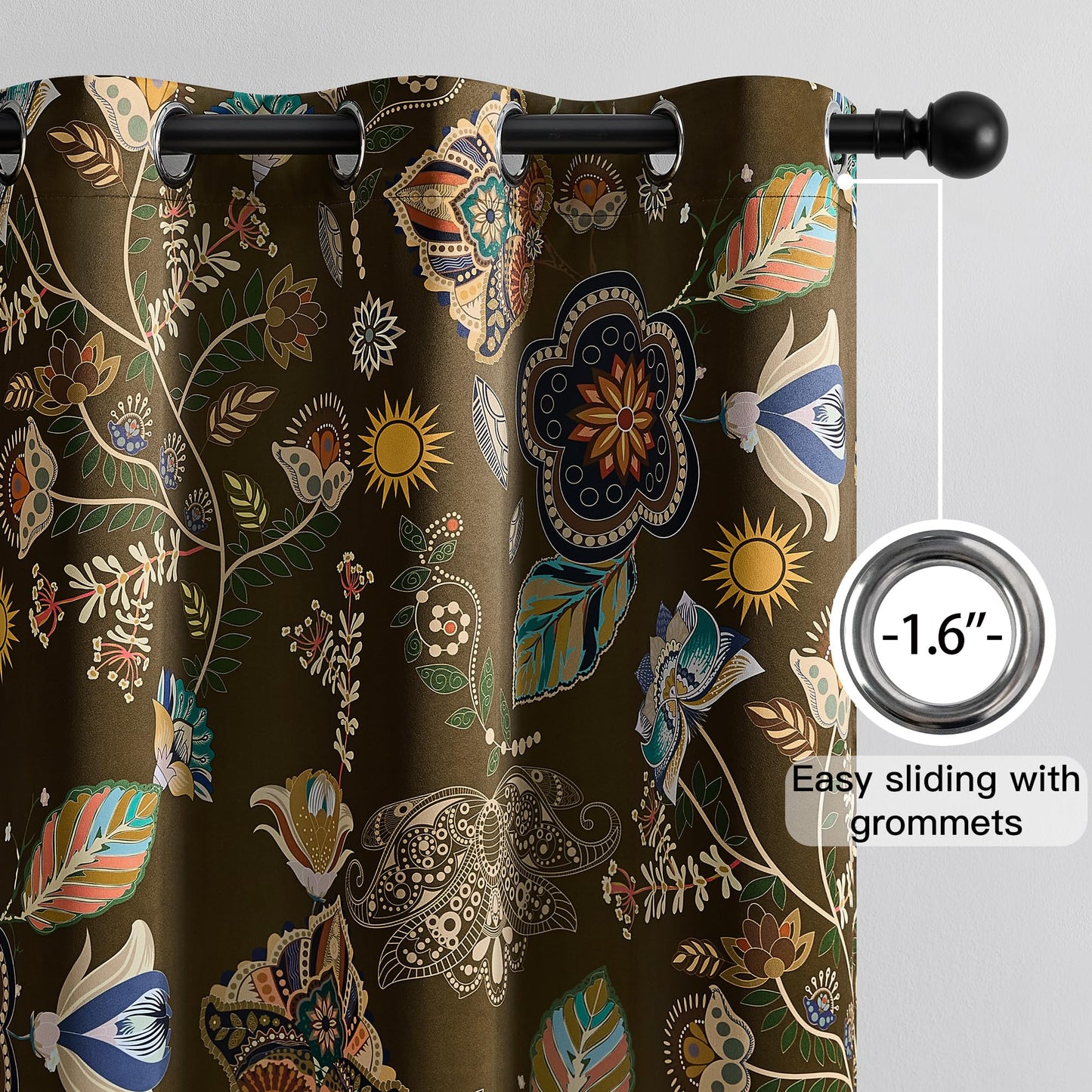 XiDi Floral Curtains 100% Blackout Vintage Patterned Black Out Curtain 63 Inches Long Thermal Insulated Window Drapes 2 Panels Grommet Room Darkening Curtain for Living Room Bedroom Olive Green 52x63
