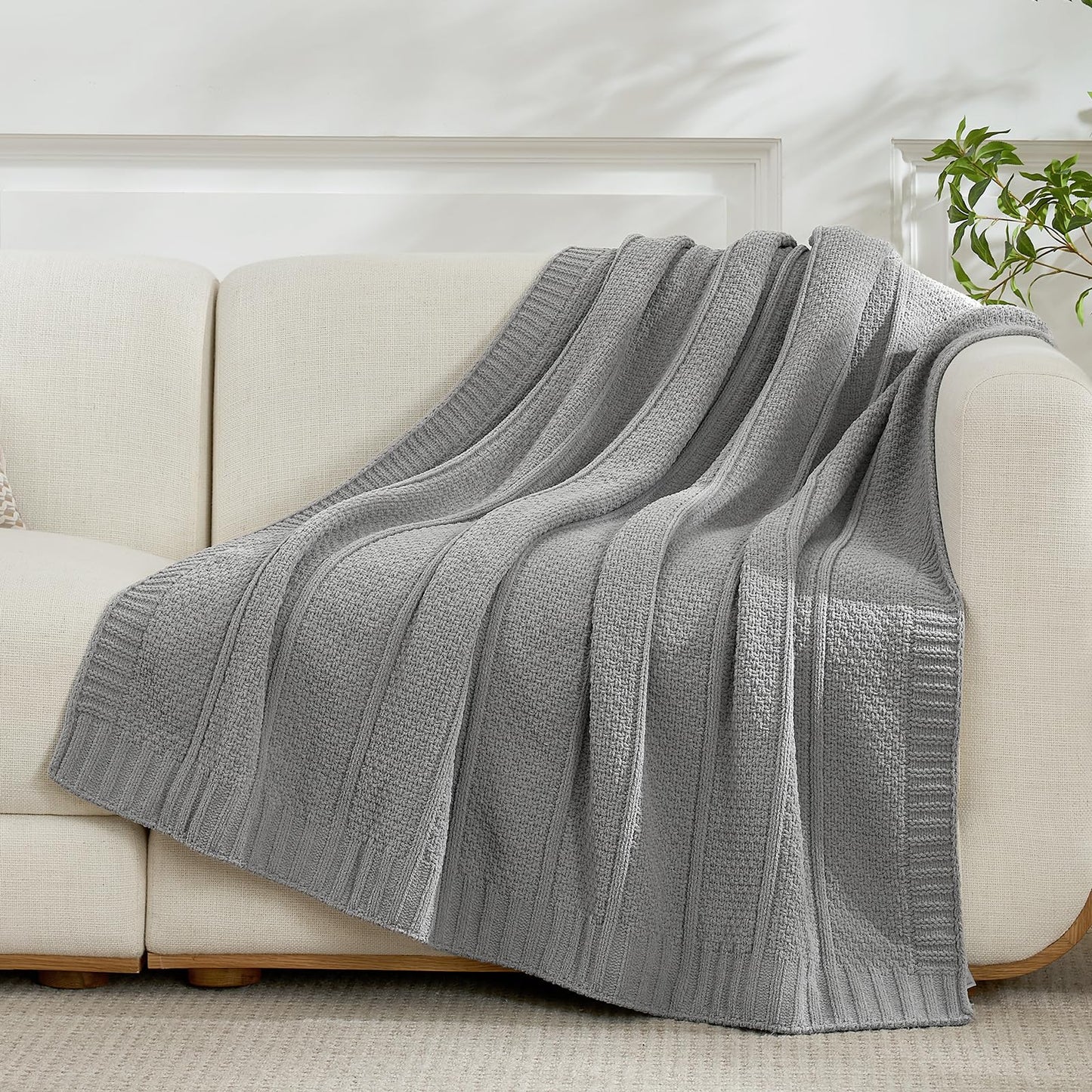Amélie Home Premium Chenille Throw Blanket, Soft Cozy Moss Stitch Knit Blanket for Couch, Sofa, Chair, Home Decor, Grey 50"x60"