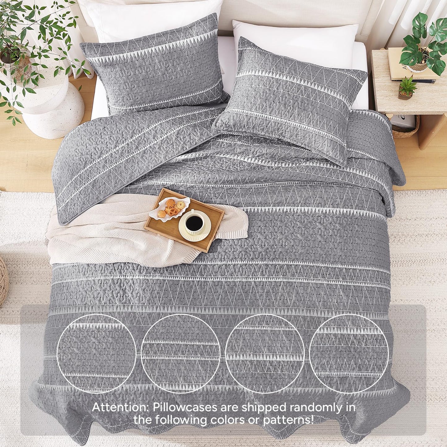Andency Quilts Queen Size Grey, 3 Pieces Queen Quilt Bedding Set Boho Lightweight Soft Striped Bedspread for All Season (90"x96"), Gray Printed Bohemian Polyester Reversible Coverlet Comoforter Sets