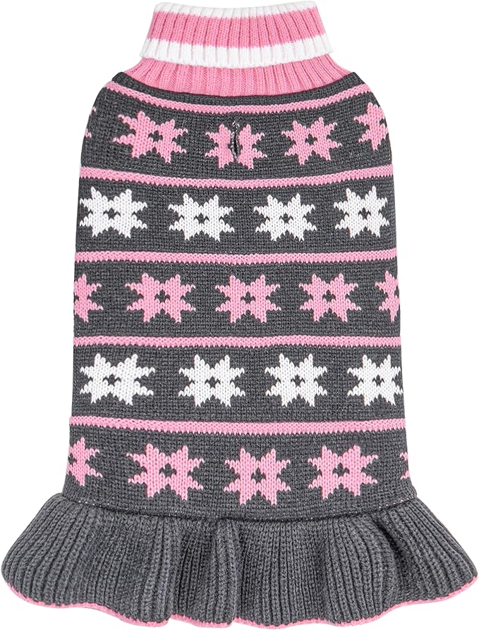 KYEESE Dog Sweater for Medium Dogs Fall Winter Dogs Clothes Warm Pet Coats with Leash Hole Knit Pet Sweater for Girl Turtleneck Pullover Dog Sweater Dress with Snow Flake Pattern, Girl Grey, XX-Large