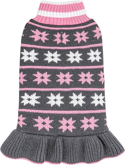 KYEESE Dog Sweater for Medium Dogs Fall Winter Dogs Clothes Warm Pet Coats with Leash Hole Knit Pet Sweater for Girl Turtleneck Pullover Dog Sweater Dress with Snow Flake Pattern, Girl Grey, XX-Large