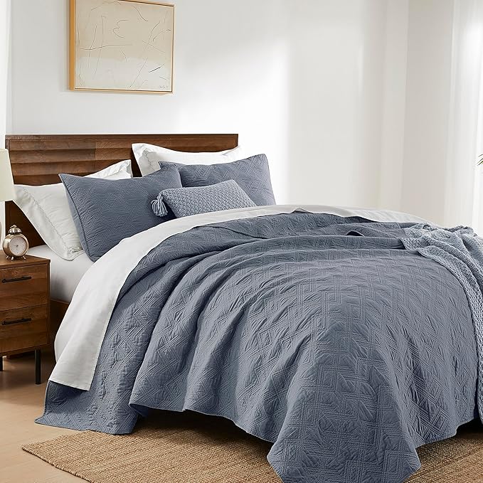 WDCOZY 100% Cotton Oversized King Quilt Set - Dusty Blue California Cal King Size Soft Lightweight Modern Bedspread, Farmhouse Country Rustic Coverlet, Textured Like Linen, Shabby Chic Bedding