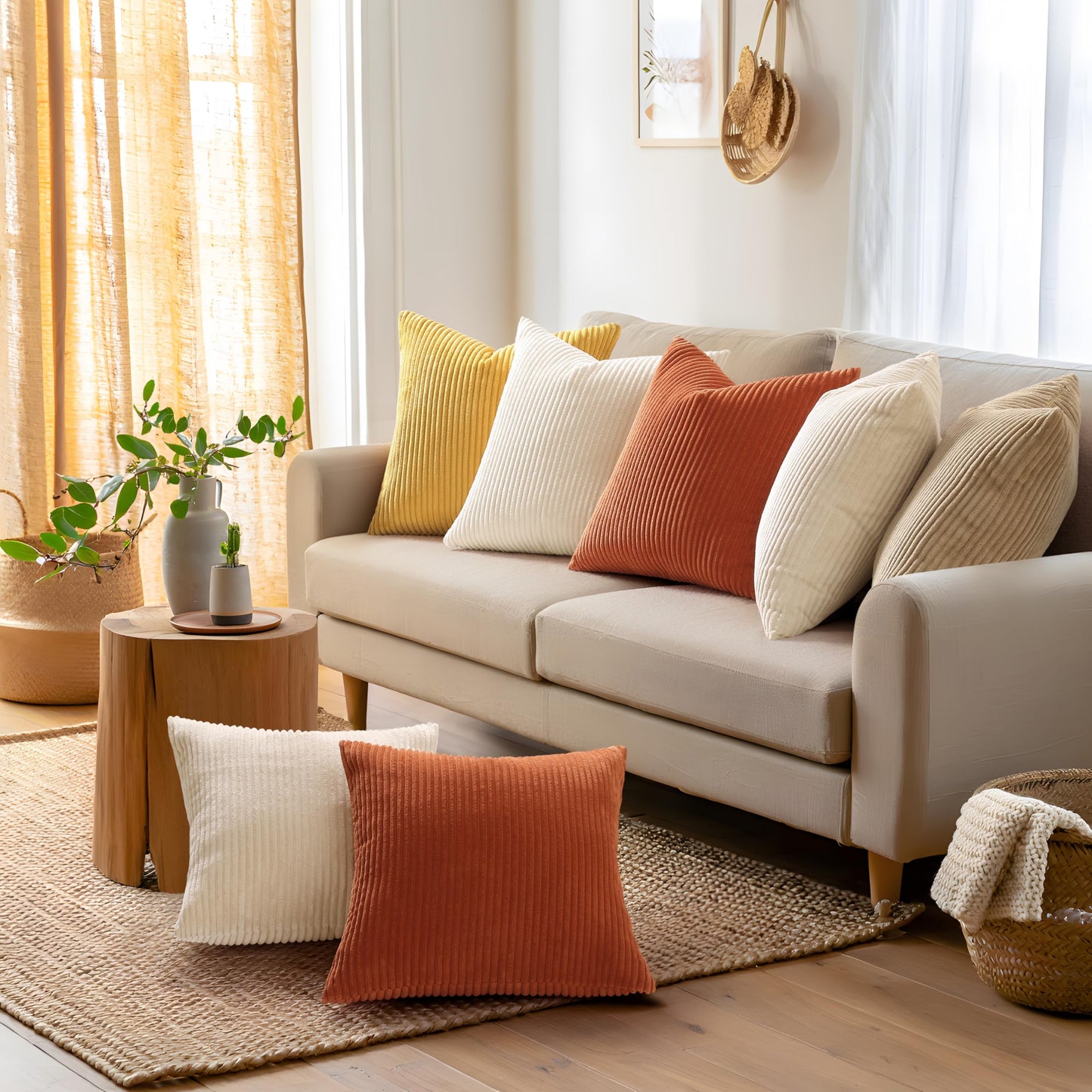 Mecatny Corduroy Summer Decorative Throw Pillow Covers 18x18 Set of 2 for Sofa Living Room, Soft Neutral Boho Couch Pillow Covers for Home Decor, Beige