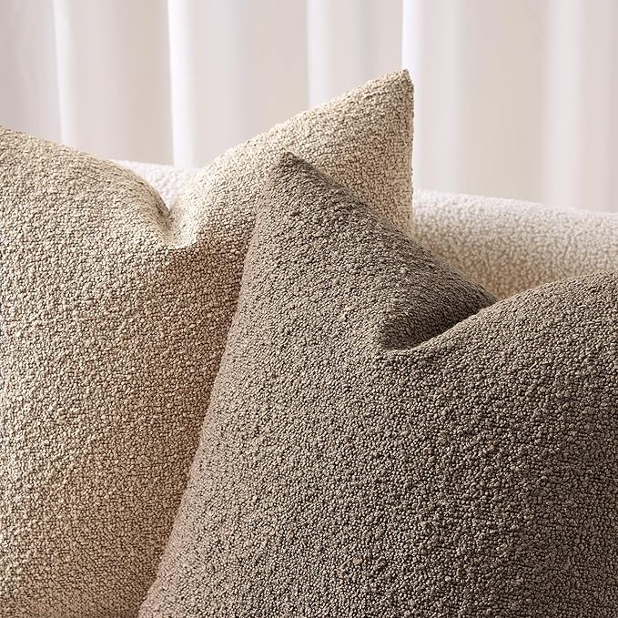 ANRODUO Pack of 2 Textured Boucle Throw Pillow Covers Soft Camel Euro Decorative Accent Solid Pillow Cases Cozy Modern Couch Cushion Case for Chair Sofa Bedroom Living Room Home Decor, 24 x 24 Inch