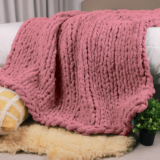 Carriediosa Chunky Knit Throw Blanket 50" X 60", 100% Hand Made Large Chenille Loop Yarn Soft Fluffy Throws for Couch Sofa Bed, Big Crochet Cozy Heavy Thick Cable Woven Blanket, Mauve