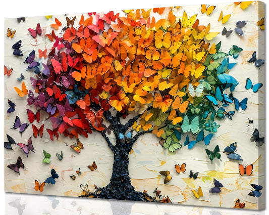 Colorful Butterfly Tree Canvas Wall Art Tree of Life Canvas Painting Picture Wall Decor Cute Butterfly Picture Poster Print Artwork for Wall Living Room Bathroom Bedroom Home Decoration