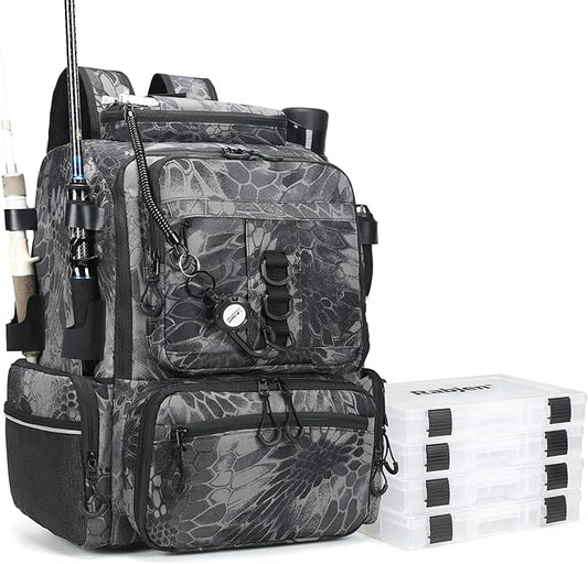 Rabjen Fishing Tackle Backpack, 45L Storage Waterproof Travel Bag Store Fishing Gear with Insulated Top Pocket