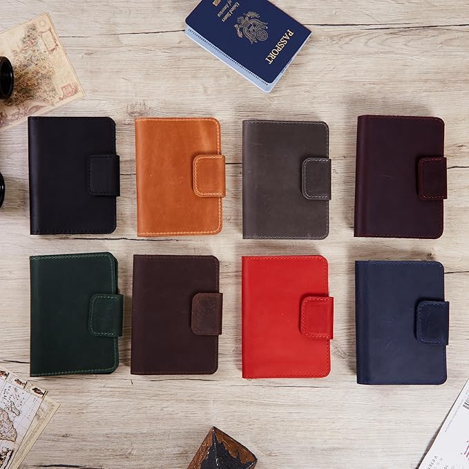 Leather Passport Holder for Travel - Black Passport Cover for Men Compatible with Airtag Passports Wallet with Card Slots & Note Compartment, Magnetic Closure, Genuine Leather, Vintage Black