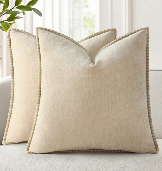 decorUhome Summer Chenille Soft Cozy Throw Pillow Covers 18x18 Set of 2, Modern Farmhouse Boho Velvet Decorative Pillow Cases with Stitched Edge for Couch Sofa Bed Home Decor, Beige