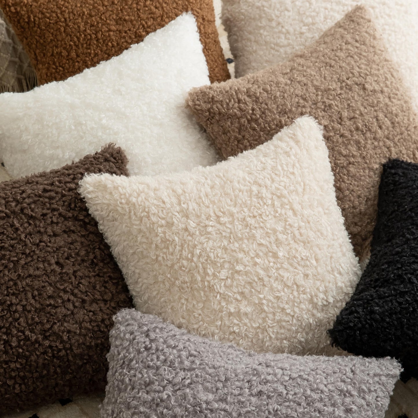 Joyouth Pack of 2 Curly Teddy Wool Faux Fur Throw Pillow Covers Fuzzy Accent Soft Sherpa Pillowcases Sheepskin Fleece Decorative Cushion Case for Sofa Couch Living Room 16x16 Inch Neutral Light Beige