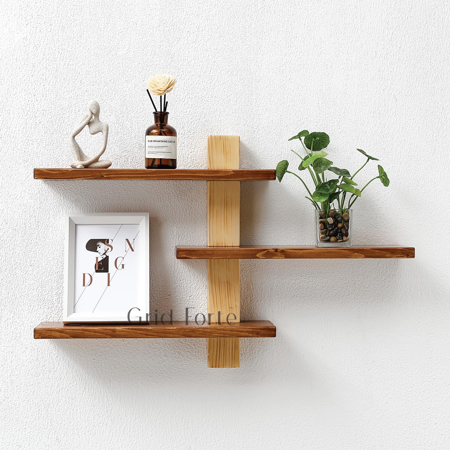 GRID FORTE Wood 3-Tier Floating Shelf, Large Minimalist Wall Shelves