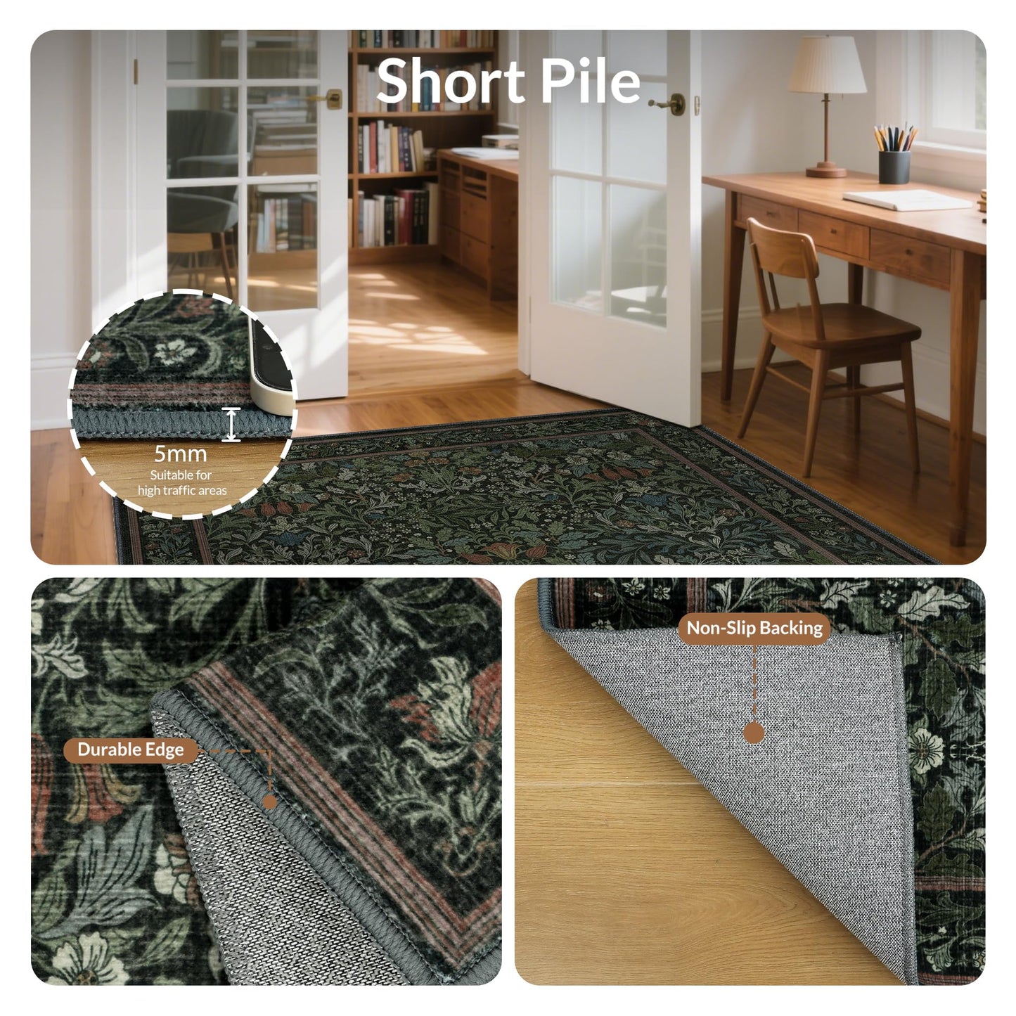 GENIMO Washable Rugs 5x7, Dark Green Rug Non Slip, Vintage Boho Floral Area Rug, Soft Low Pile Thin Carpet for Bedroom Living Room Nursery Dining Room, Dark Green