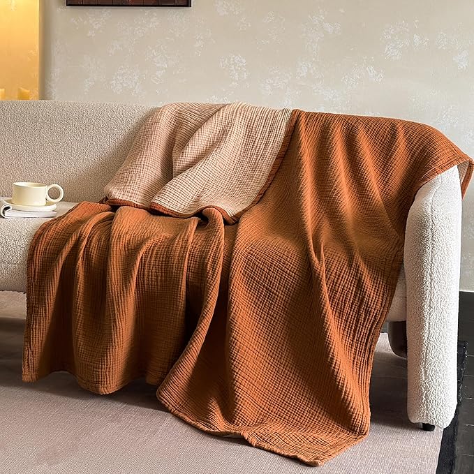 FALUCA Cotton Muslin Reversible Blanket King Size for Bed, Couch, Four Layers Blanket, Soft Lightweight Cozy Breathable Farmhouse Decoration for All-Season, Camel