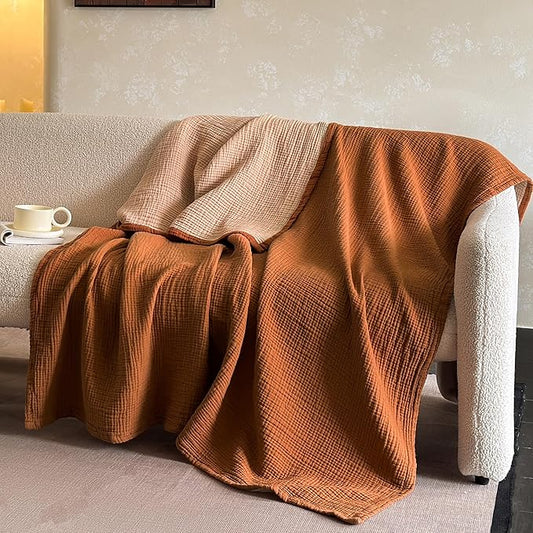 FALUCA Cotton Muslin Reversible Blanket King Size for Bed, Couch, Four Layers Blanket, Soft Lightweight Cozy Breathable Farmhouse Decoration for All-Season, Camel