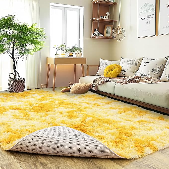 Ultra Fluffy Area Rugs for Living Room Bedroom, 6x9 Fuzzy Large Living Room Rugs, Thick Shag Rug for Dorm, Soft Non Slip Kids Girls Boys Rug for Home Decor Aesthetic, Tie-Dyed Yellow