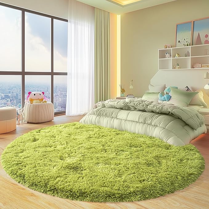 Round Fluffy for Bedroom Rugs, 4Ft Green Shag Circle Rug Non-Slip for Kids Girls Boys Bedroom Dorm Nursery Playroom, Soft Cute Area Rugs for Living Room Decor