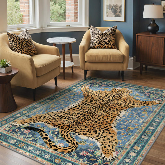 Bavni 5x7 Leopard Rug, Machine Washable Cheetah Animal Print Low Pile Boho Woodland Jungle Carpet, Non-Slip Non-Shedding Pet Friendly Rug for Living Room Playroom Bedroom Entryway, Blue