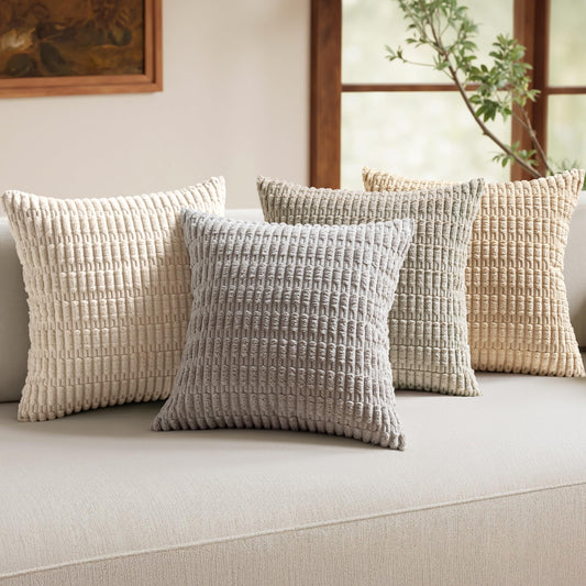 MIULEE Pack of 4 Neutral Corduroy Decorative Throw Pillow Covers 18x18 Inch for Summer Sofa Living Room Couch Bed Rustic Farmhouse Boho Soft Striped Pillow Covers Home Decor Beige and Brown