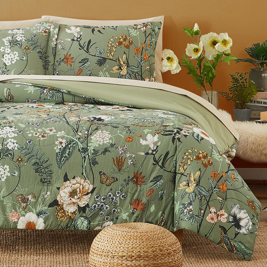 CASAAGUSTO Queen Comforter Set - 7 Pieces Bed in a Bag Queen Green Butterfly Floral Comforter Set with Flowers Leaves Pattern, Soft Seersucker Design All Season Queen Size Bedding Set