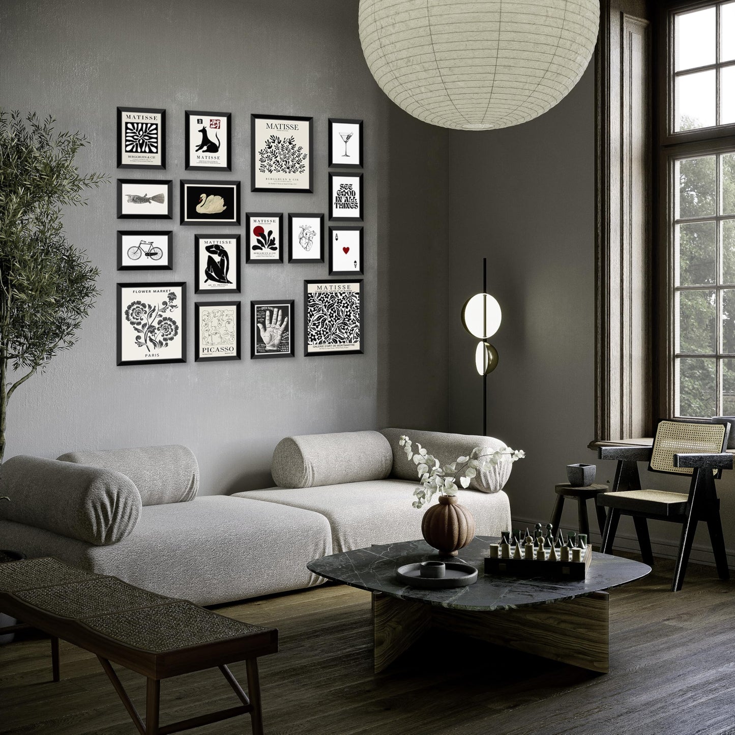 LANCHI95 16 PCS FRAMED Black and White Home Decor, Eclectic Wall Art, Minimalist Posters for Living Room Aesthetic, Matisse Abstract Gallery Wall Prints for Bedroom, Collage Kit Pictures (Black Eclectic 1)