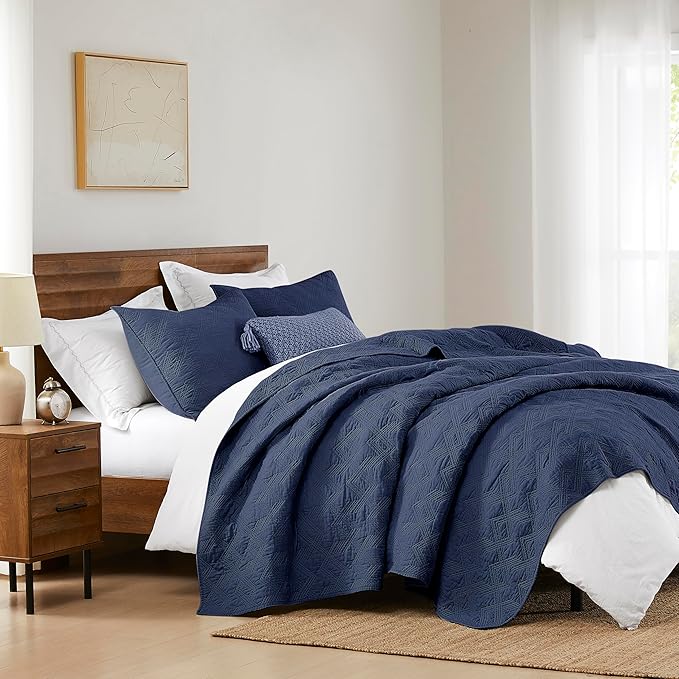 WDCOZY 100% Cotton Queen Size Quilt Set - Navy Blue Pre-Washed Soft Lightweight Modern Bedspread, Farmhouse Country Rustic Coverlet, Textured Like Linen, Shabby Chic Gauze Bedding, 3 Pieces