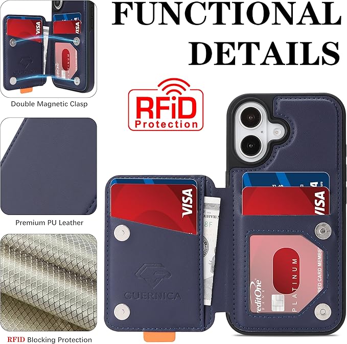 GUERNICA for iPhone 17 (6.1") Case Wallet with Card Holder, RFID Blocking Leather Protection, Shockproof Women Men Phone Case for Apple 17, Blue