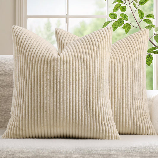 Mecatny Corduroy Summer Decorative Throw Pillow Covers 18x18 Set of 2 for Sofa Living Room, Soft Neutral Boho Couch Pillow Covers for Home Decor, Beige