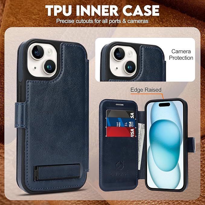 CIVICASE for iPhone 15 Wallet Case with Stand,PU Leather Flip Credit Card Holder Slots (RFID Blocking),Compatible with Magsafe Magnetic Holder Phone Cover Women Men, Blue