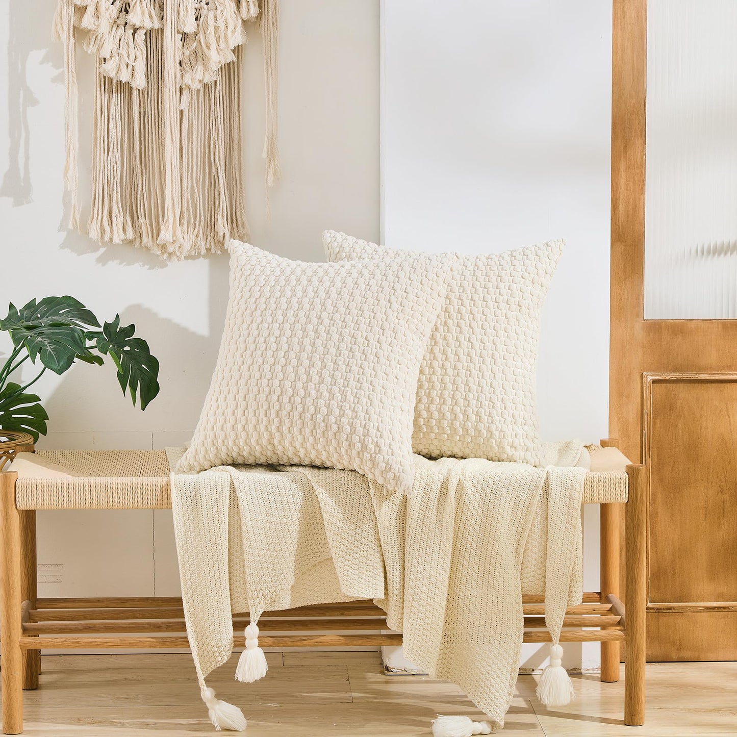 GAWAMAY Decorative Throw Pillow Covers 24x24 Inch Set of 2 for Living Room Couch Bed Sofa, Farmhouse Square Cushion Cover Soft Striped Corduroy Pillow Cases Boho Home Decor (60x60cm) Cream White