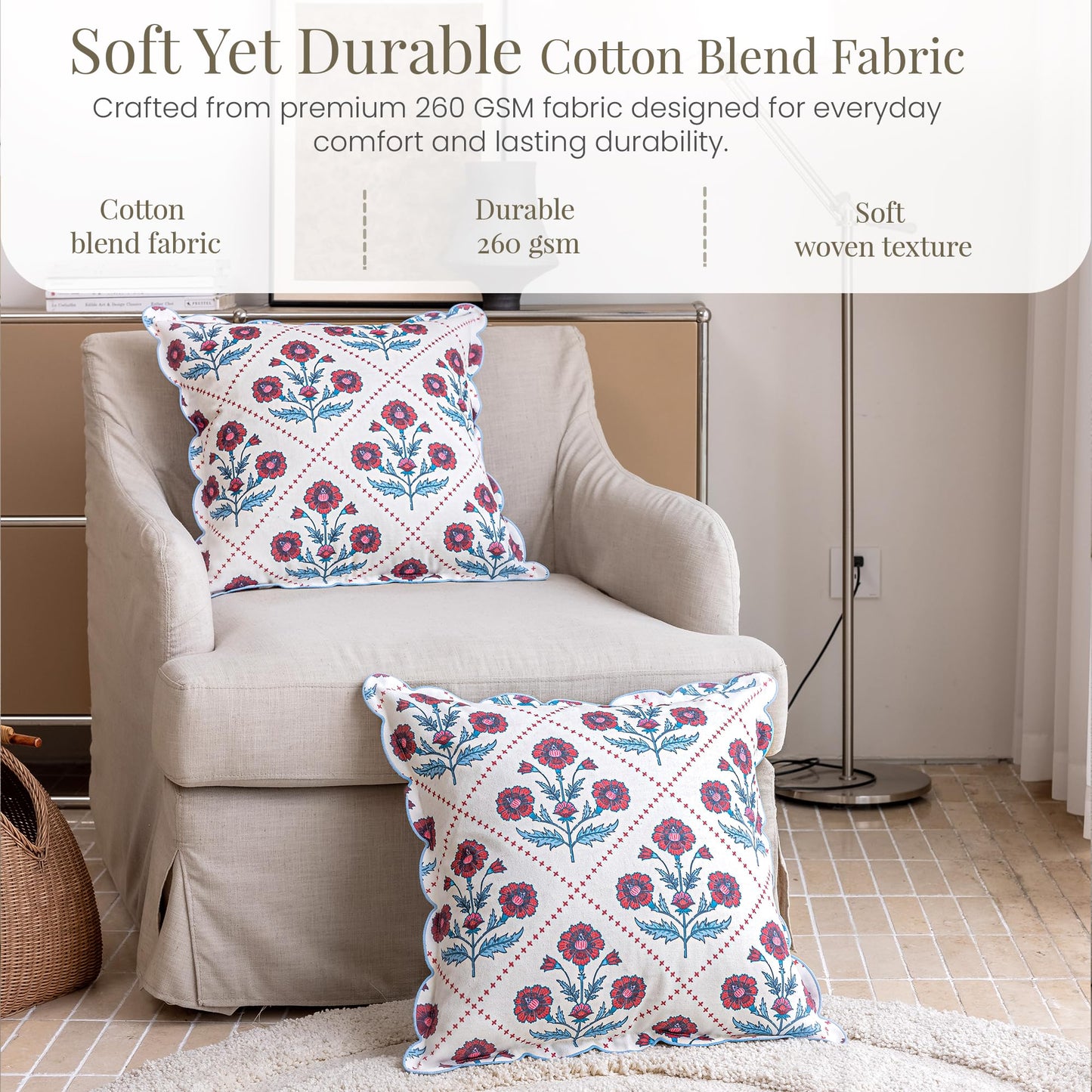 DrapePalette - Scalloped Throw Pillow Covers with Block Print Floral Patterns and Hidden Zipper - Crimson, 20 x 20 Inches Pack of 1 - Soft Indoor Pillow Case for Livingroom, Bedroom, or Lounge