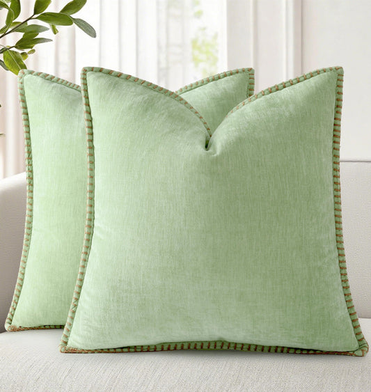 decorUhome Summer Chenille Soft Cozy Throw Pillow Covers 18x18 Set of 2, Modern Farmhouse Boho Velvet Decorative Pillow Cases with Stitched Edge for Couch Sofa Bed Home Decor, Sage Green