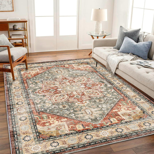 CHAMPLANT Area Rug 5'x7' Red Khaki Washable Vintage Traditional Floor Cover Thin Retro Kitchen Indoor Distressed Non Slip Carpet Floral Print Area in Living Room Bedroom Dining Room