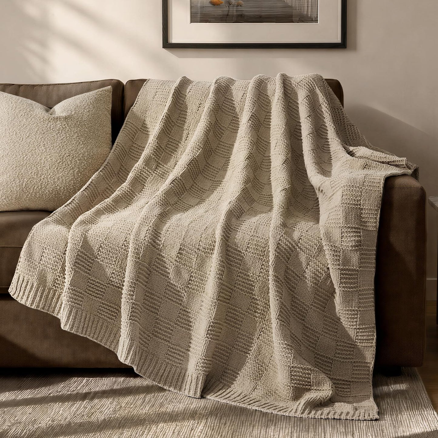 EVERGRACEHOME Modern Checkered Chenille Throw Blanket, Soft Cozy Plaid Knitted Chair Blanket for Sofa Couch, Decorative Knit Throw for Bed and Living Room, Sand Dune, 50" x 60"