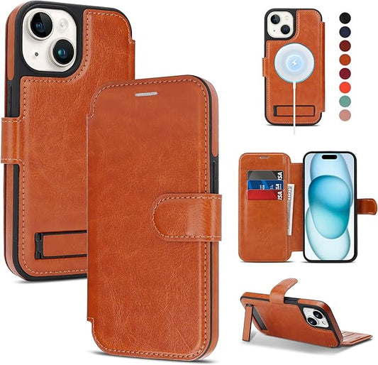 CIVICASE for iPhone 13/iPhone 14 Wallet Case with Stand,PU Leather Flip Credit Card Holder Slots (RFID Blocking),Compatible with Magsafe Magnetic Holder Phone Cover Women Men,Brown