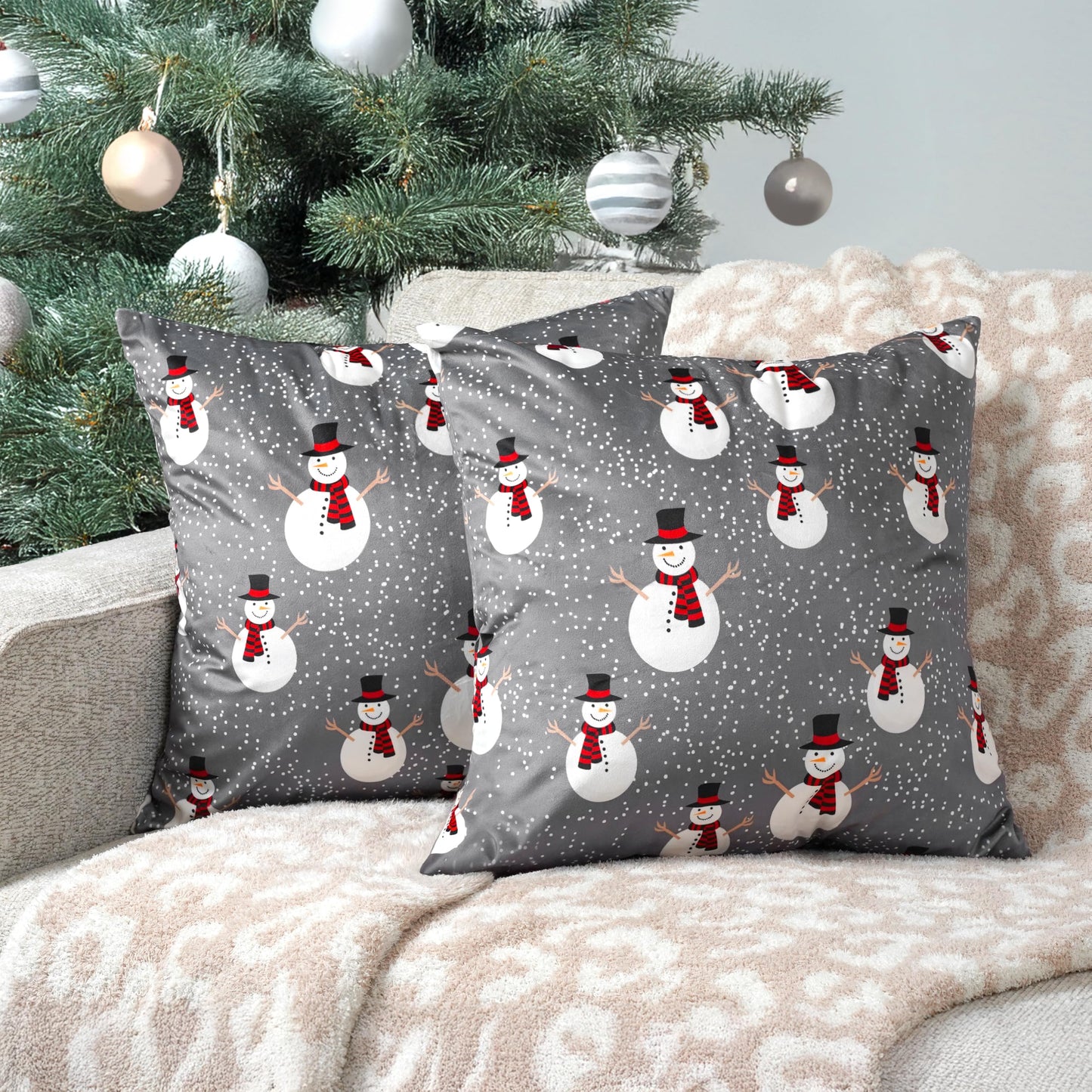 PAVILIA Holiday Throw Pillow Covers 20x20 Set of 2, Decorative Pillow Cases Bed Sofa Couch, Christmas Winter Accent Decor Cushion Bedroom Living Room, Velvet Square Euro Sham Covers, Snowman Gray