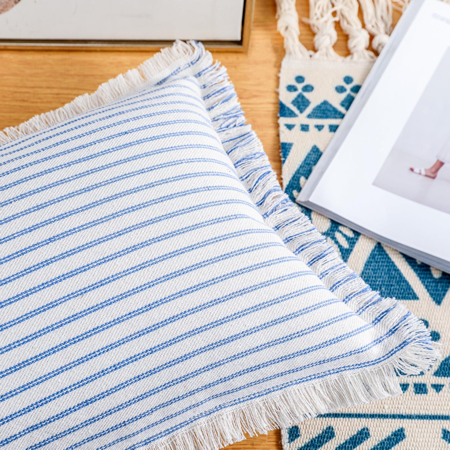 PANOD Decorative Boho Long Lumbar Pillow Cover 12x26,Super Soft Cotton Modern Long Rectangle Pillow Cover Pillow Case for Bed Sofa Couch Farmhouse Livingroom,Light Blue