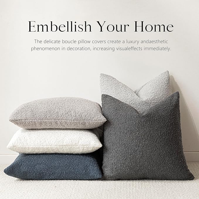 Foindtower Decorative Textured Boucle Throw Pillow Covers Accent Solid Pillow Cases Neutral Soft Cozy Couch Cushion Case for Chair Sofa Bedroom Living Room Home Decor 24 x 24 Inch,Dark Grey