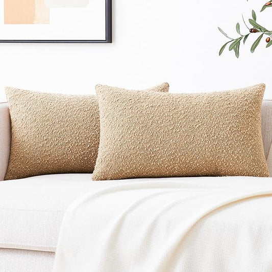 Mixhug Decorative Boucle Throw Pillow Covers, Camel, 12 x 20 Inches, Pack of 2 - Textured Boho Pillow Covers for Couch and Bed