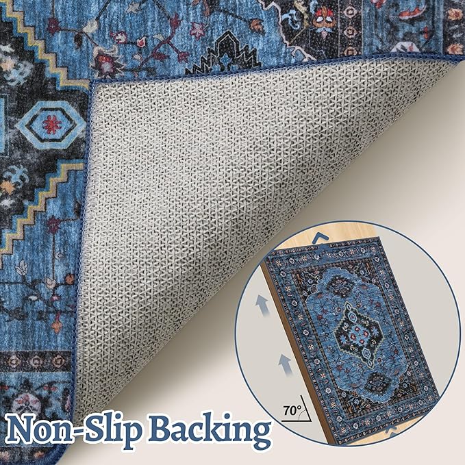 Tangsoo Blue 2x6 Washable Runner Rug for Hallways, Non Slip Oriental Runner Rug, Vintage Soft Low Pile Long Rug Runner, Carpet Runners for Kitchen Bedroom Entryway Bathroom Living Room Blue/Black