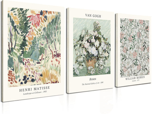 Induslyfe Framed Sage Green Vintage Wall Art Canvas Decor Set of 3, Matisse Prints Posters Mid Century Modern Art, Aesthetic Floral Botanical Wall Art for Bedroom, Living Room, Bathroom 12x16