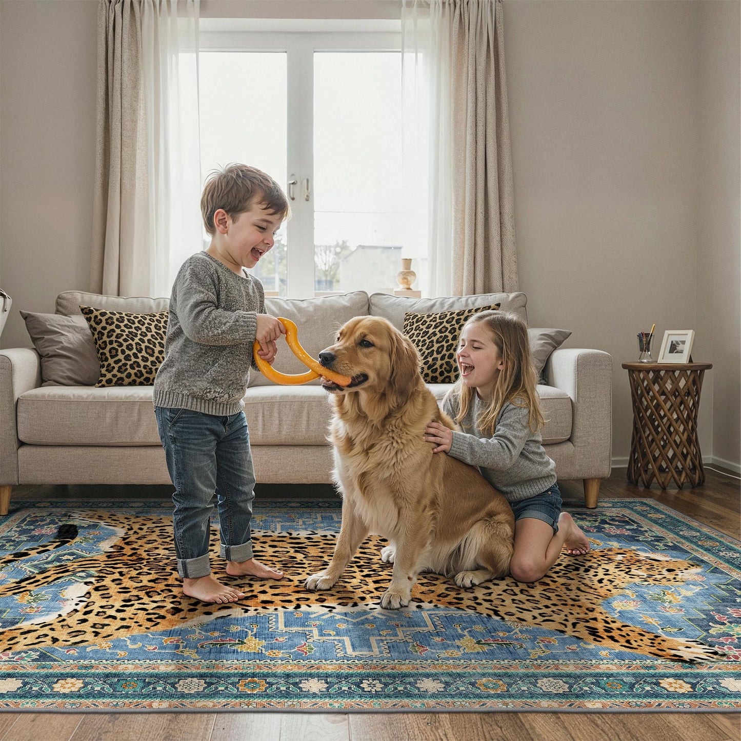 Bavni 5x7 Leopard Rug, Machine Washable Cheetah Animal Print Low Pile Boho Woodland Jungle Carpet, Non-Slip Non-Shedding Pet Friendly Rug for Living Room Playroom Bedroom Entryway, Blue